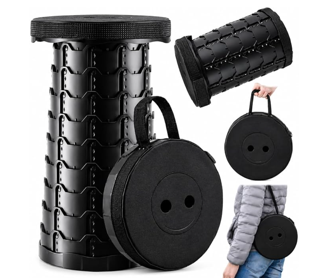 Collapsible Stool for Adults Portable Folding Seat, 600lb Heavy-Duty Step Stool, Telescoping 2.4-17.5in Adjustable, Retractable & Lightweight Travel, Sports, Camping & Fishing