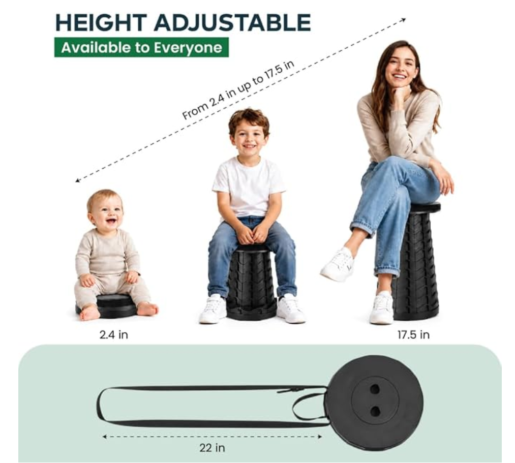 Collapsible Stool for Adults Portable Folding Seat, 600lb Heavy-Duty Step Stool, Telescoping 2.4-17.5in Adjustable, Retractable & Lightweight Travel, Sports, Camping & Fishing