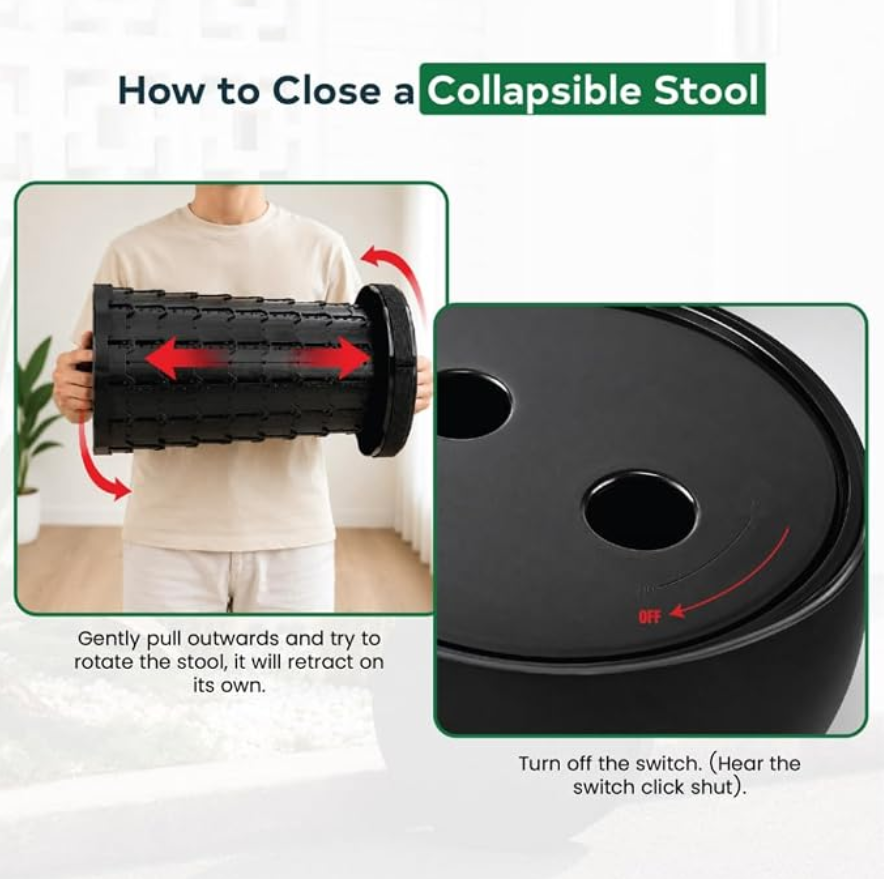 Collapsible Stool for Adults Portable Folding Seat, 600lb Heavy-Duty Step Stool, Telescoping 2.4-17.5in Adjustable, Retractable & Lightweight Travel, Sports, Camping & Fishing